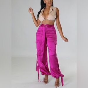 Pink Satin Cargo Pants